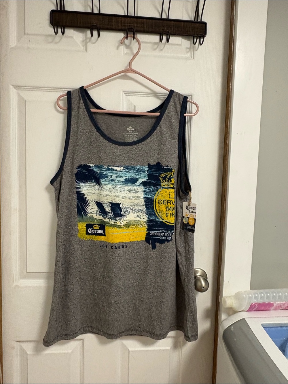 Corona Gray Tank Top with Blue and Yellow Beach Print